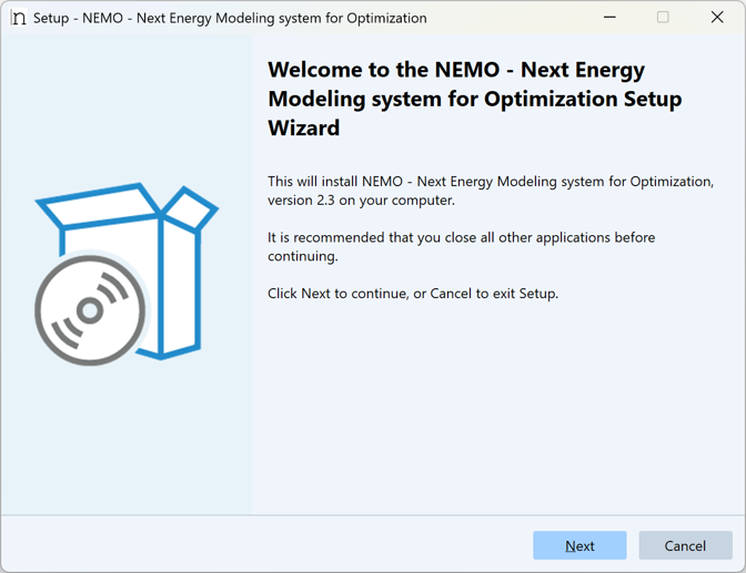 NEMO installer welcome screen with setup wizard interface. The window displays the title "Welcome to the NEMO - Next Energy Modeling system for Optimization Setup Wizard" at the top. On the left side is a blue icon featuring a box and wireless signal symbol. The main content area contains introductory text explaining that this will install NEMO and recommends closing other applications before continuing. Instructions prompt the user to click Next to continue or Cancel to exit setup. Two buttons at the bottom right labeled Next and Cancel allow navigation.
